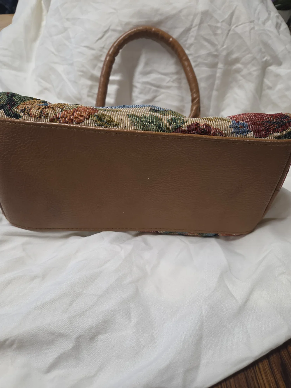 Tapestry Floral Satchel Handbag with Brown Leather Handles
